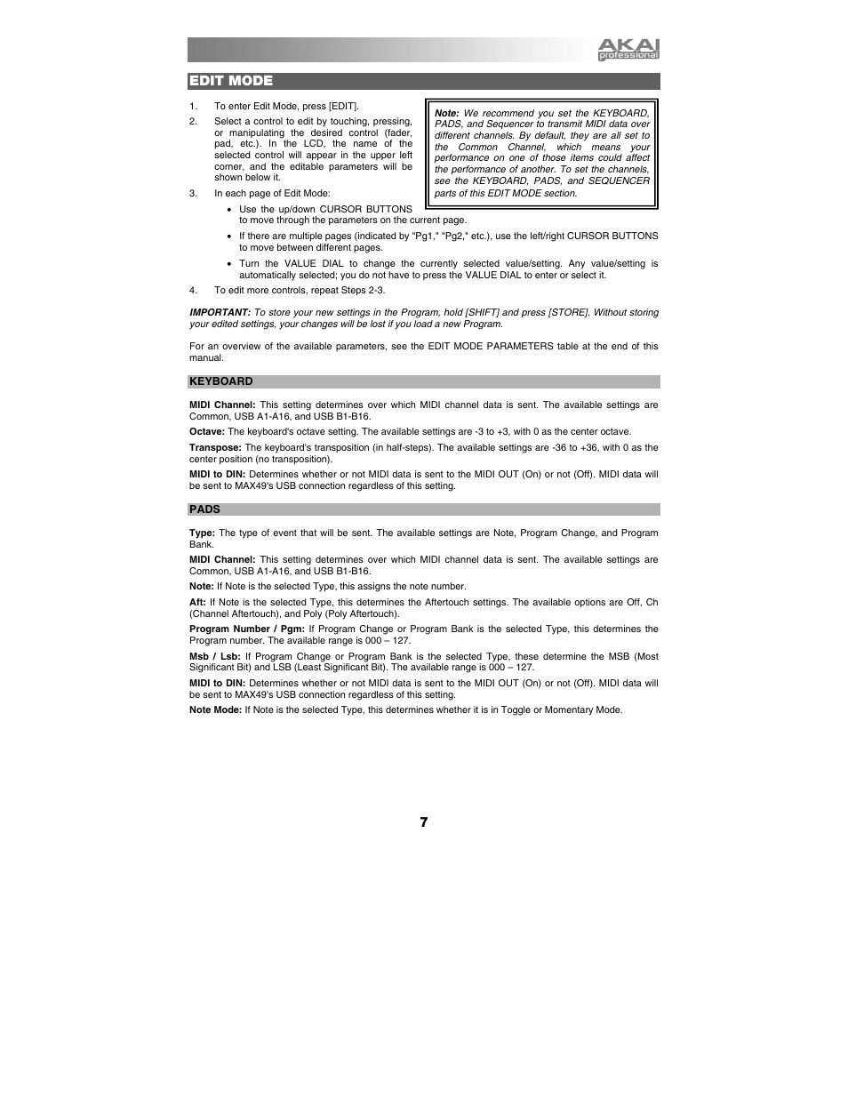 Edit mode | Akai max49 User Manual | Page 7 / 88