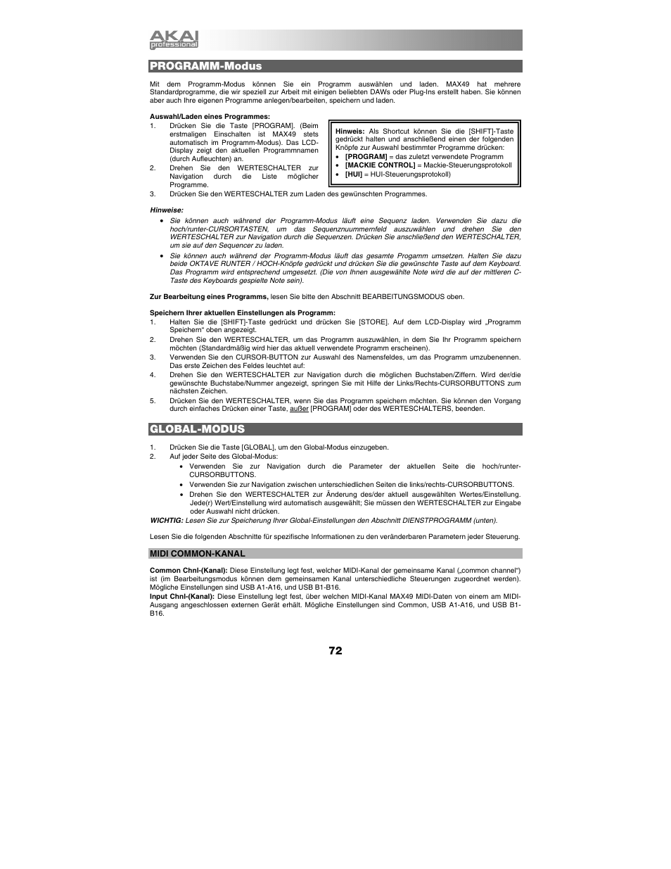 Programm-modus, Global-modus | Akai max49 User Manual | Page 72 / 88