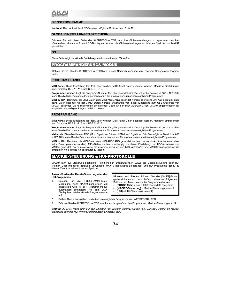 Programmänderungs-modus, Mackie-steuerung & hui-protokolle | Akai max49 User Manual | Page 74 / 88