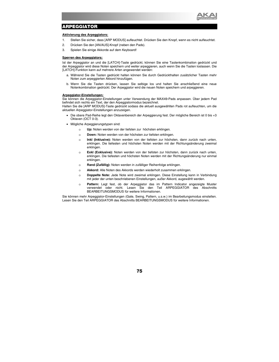Arpeggiator | Akai max49 User Manual | Page 75 / 88