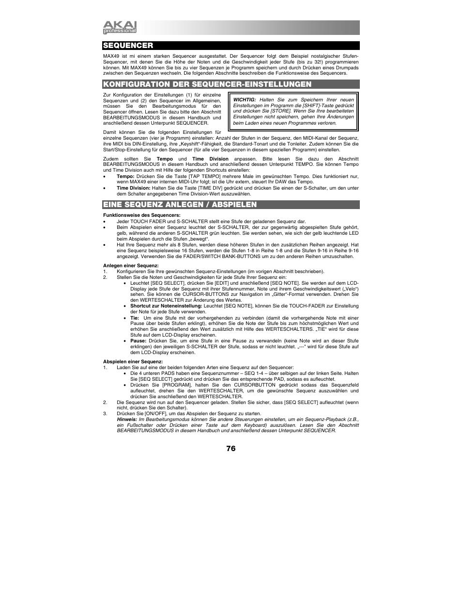 Sequencer, Konfiguration der sequencer-einstellungen, Eine sequenz anlegen / abspielen | Akai max49 User Manual | Page 76 / 88