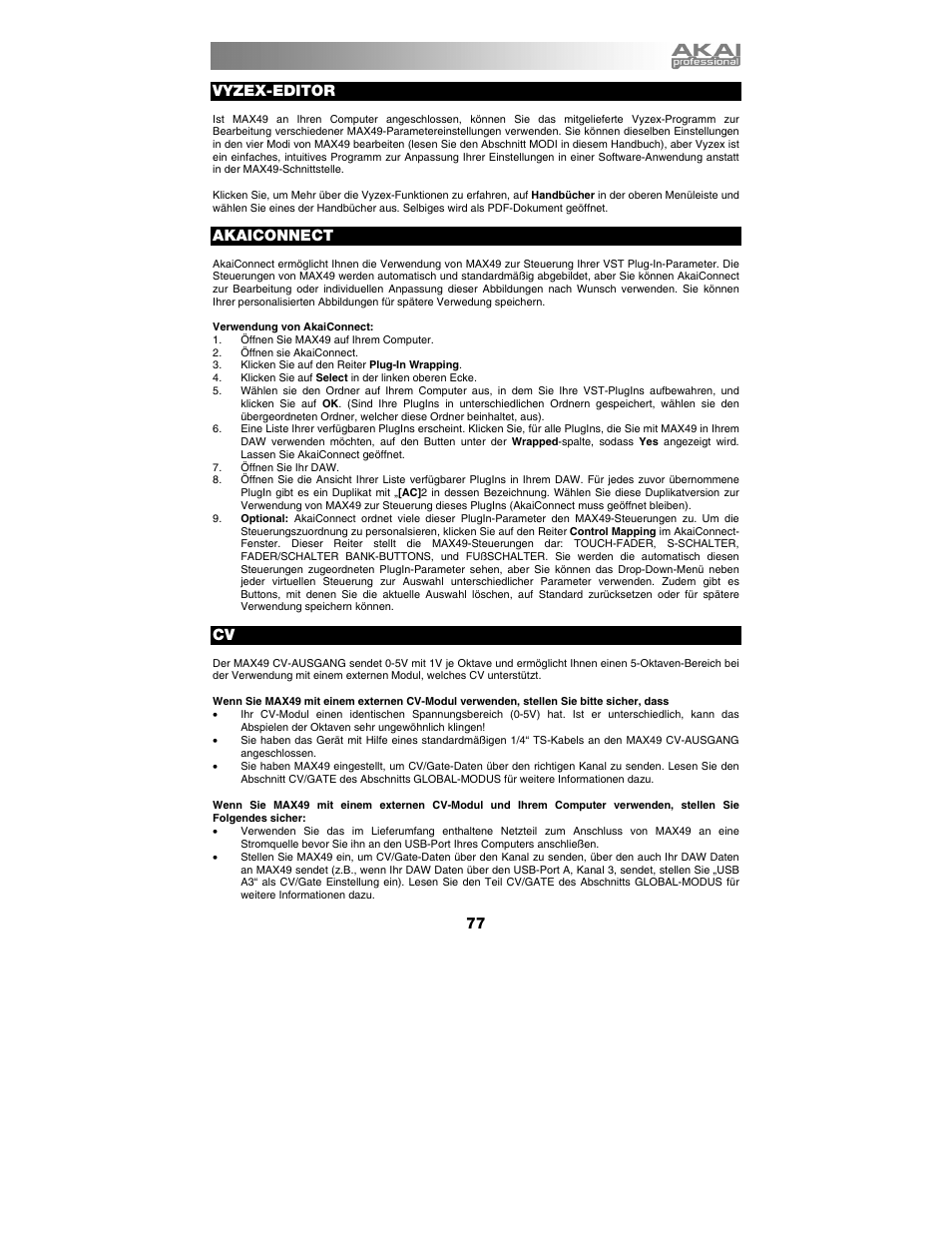 Vyzex-editor, Akaiconnect | Akai max49 User Manual | Page 77 / 88