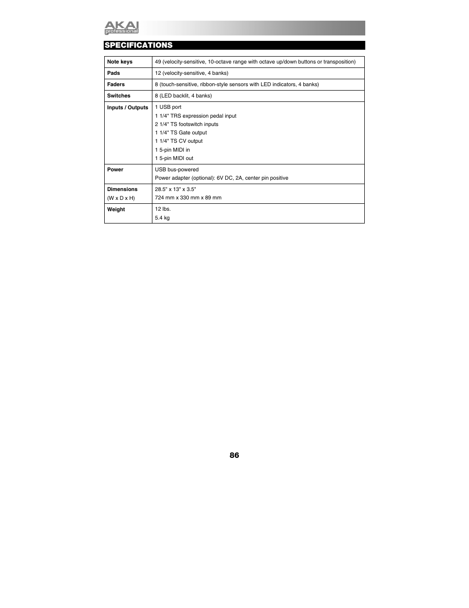 Specifications | Akai max49 User Manual | Page 86 / 88