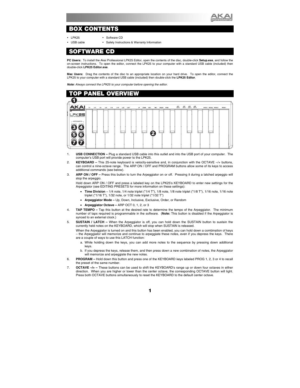 Box contents, Software cd, Top panel overview | Akai LPK25 EN User Manual | Page 2 / 7