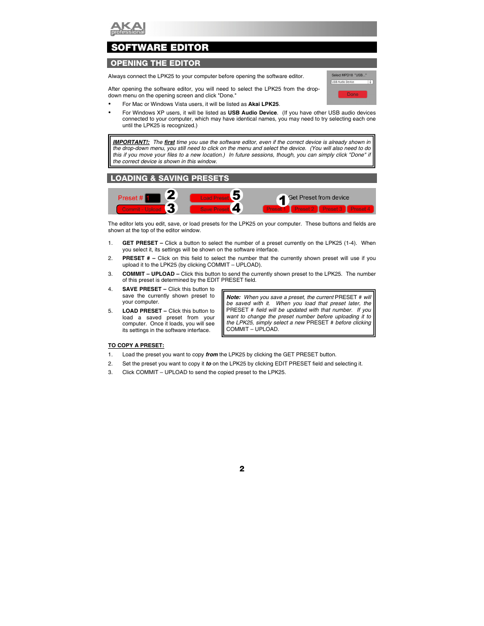 Software editor, Opening the editor, Loading & saving presets | Akai LPK25 EN User Manual | Page 3 / 7