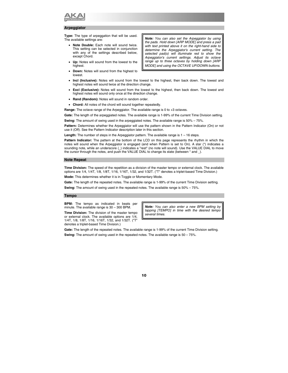 Expression pedal, Arpeggiator, Note repeat | Tempo | Akai max25 User Manual | Page 10 / 88