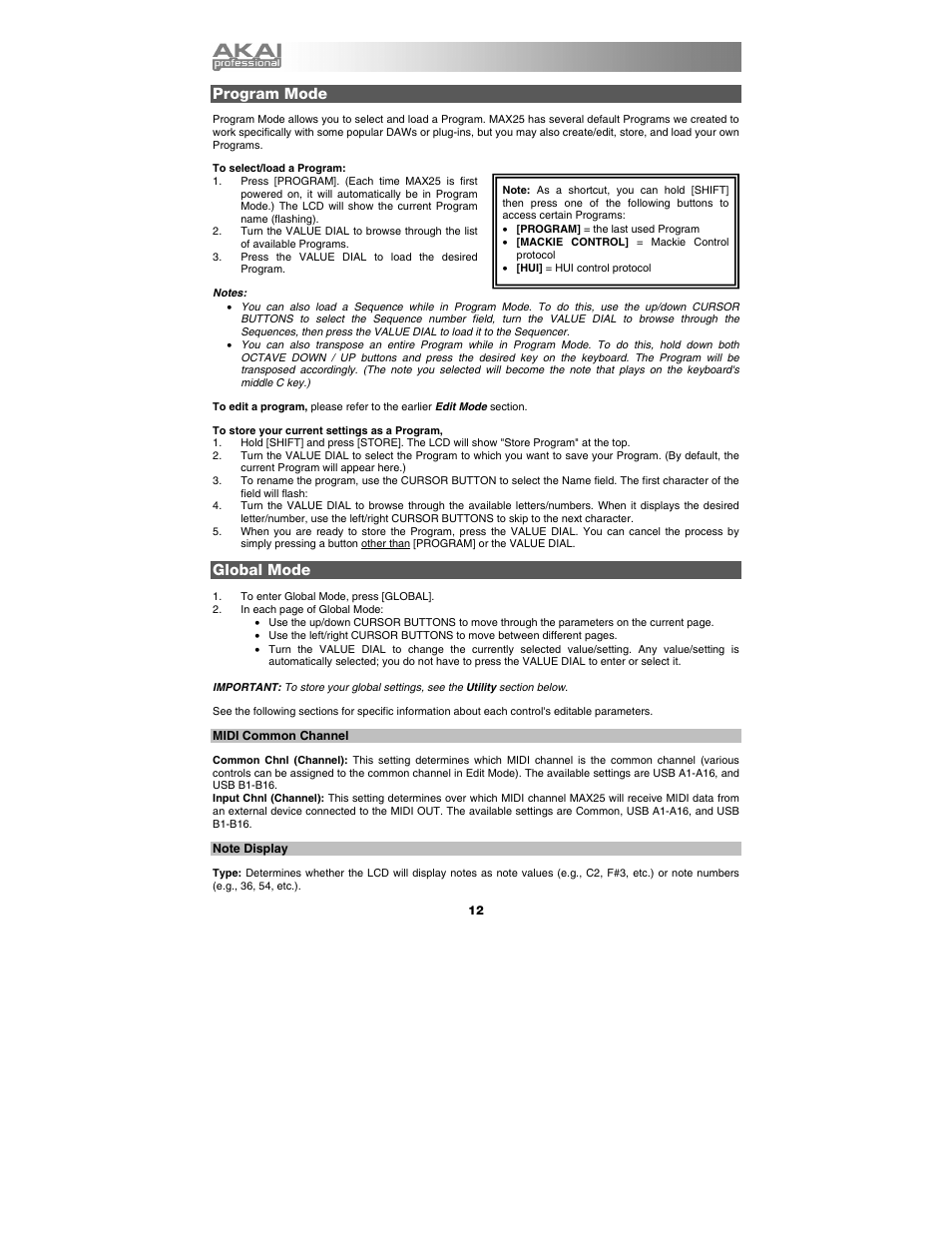 Transport controls, Program mode, Global mode | Akai max25 User Manual | Page 12 / 88