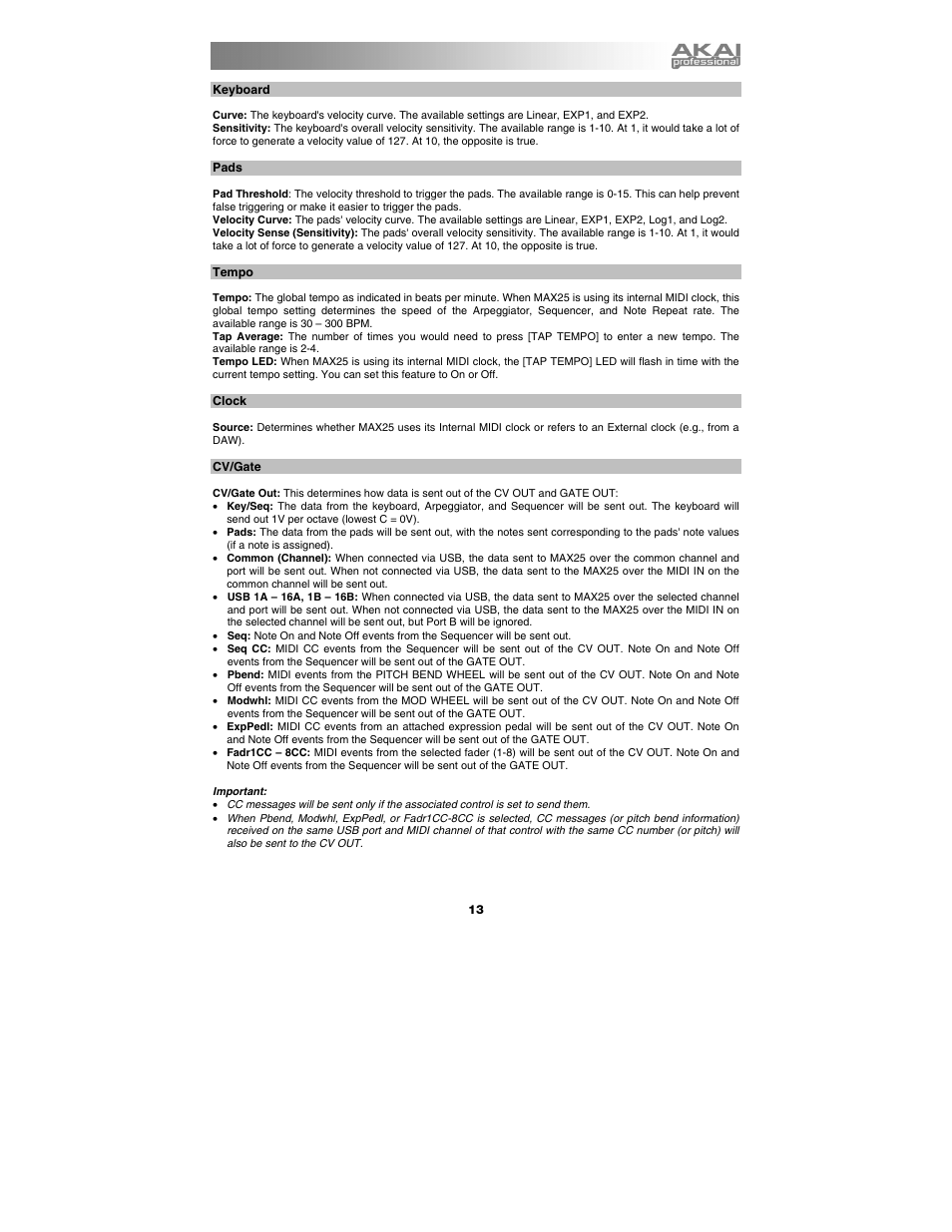 Midi common channel, Note display, Keyboard | Pads, Tempo, Clock, Cv/gate | Akai max25 User Manual | Page 13 / 88