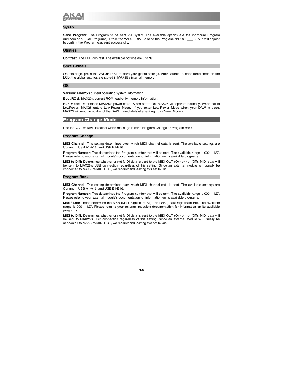 Sysex, Utilities, Save globals | Program change mode, Program change, Program bank | Akai max25 User Manual | Page 14 / 88