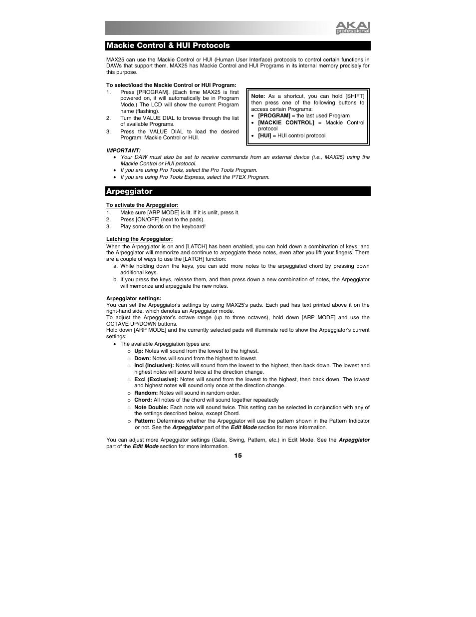 Mackie control & hui protocols, Arpeggiator | Akai max25 User Manual | Page 15 / 88