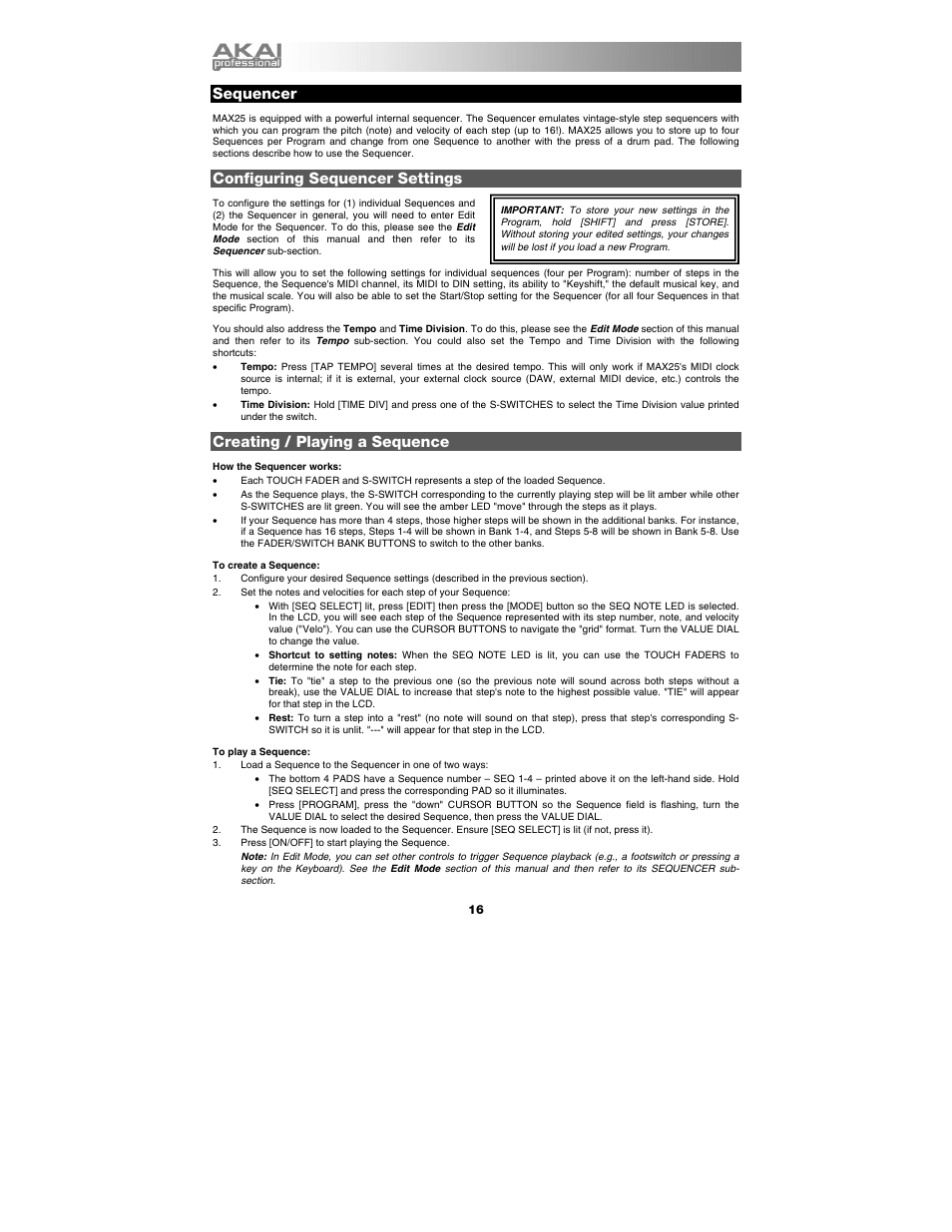 Sequencer, Configuring sequencer settings, Creating / playing a sequence | Akai max25 User Manual | Page 16 / 88