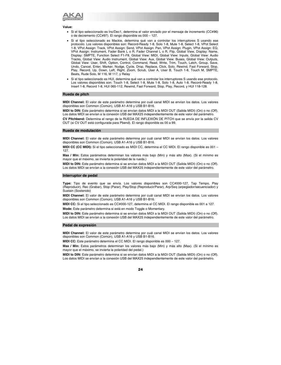 Rueda de pitch, Rueda de modulación, Interruptor de pedal | Akai max25 User Manual | Page 24 / 88