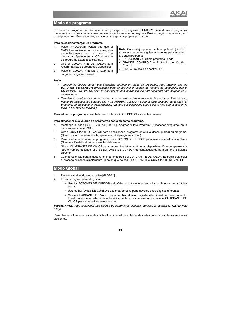 Controles de transporte, Modo de programa, Modo global | Akai max25 User Manual | Page 27 / 88