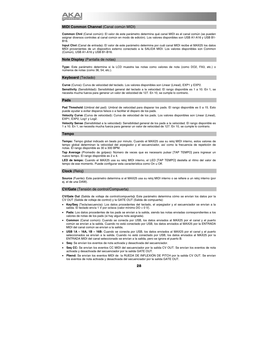 Midi common channel (canal común midi), Note display (pantalla de notas), Keyboard (teclado) | Pads, Tempo, Clock (reloj), Cv/gate (tensión de control/compuerta) | Akai max25 User Manual | Page 28 / 88