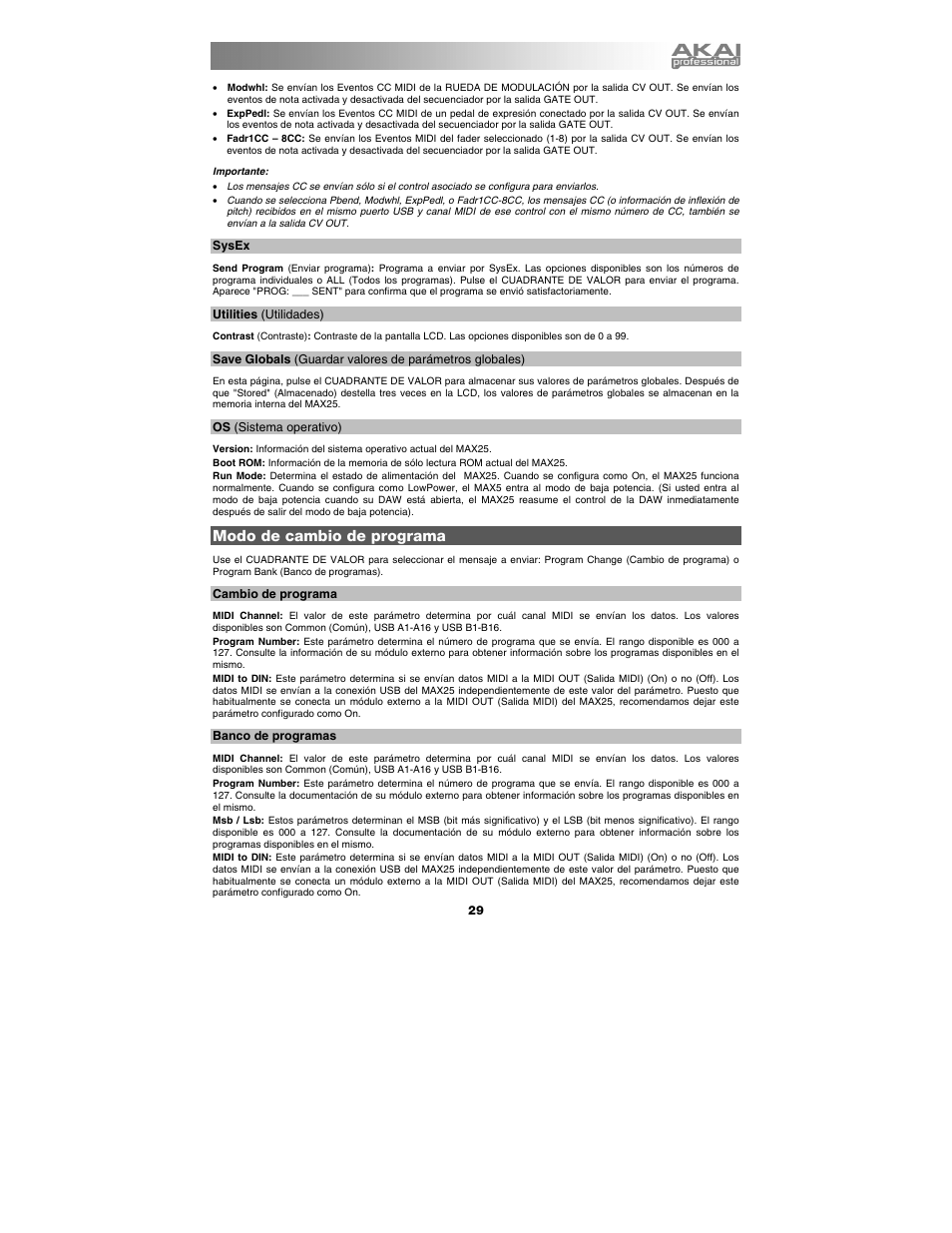 Sysex, Utilities (utilidades), Os (sistema operativo) | Modo de cambio de programa, Cambio de programa | Akai max25 User Manual | Page 29 / 88