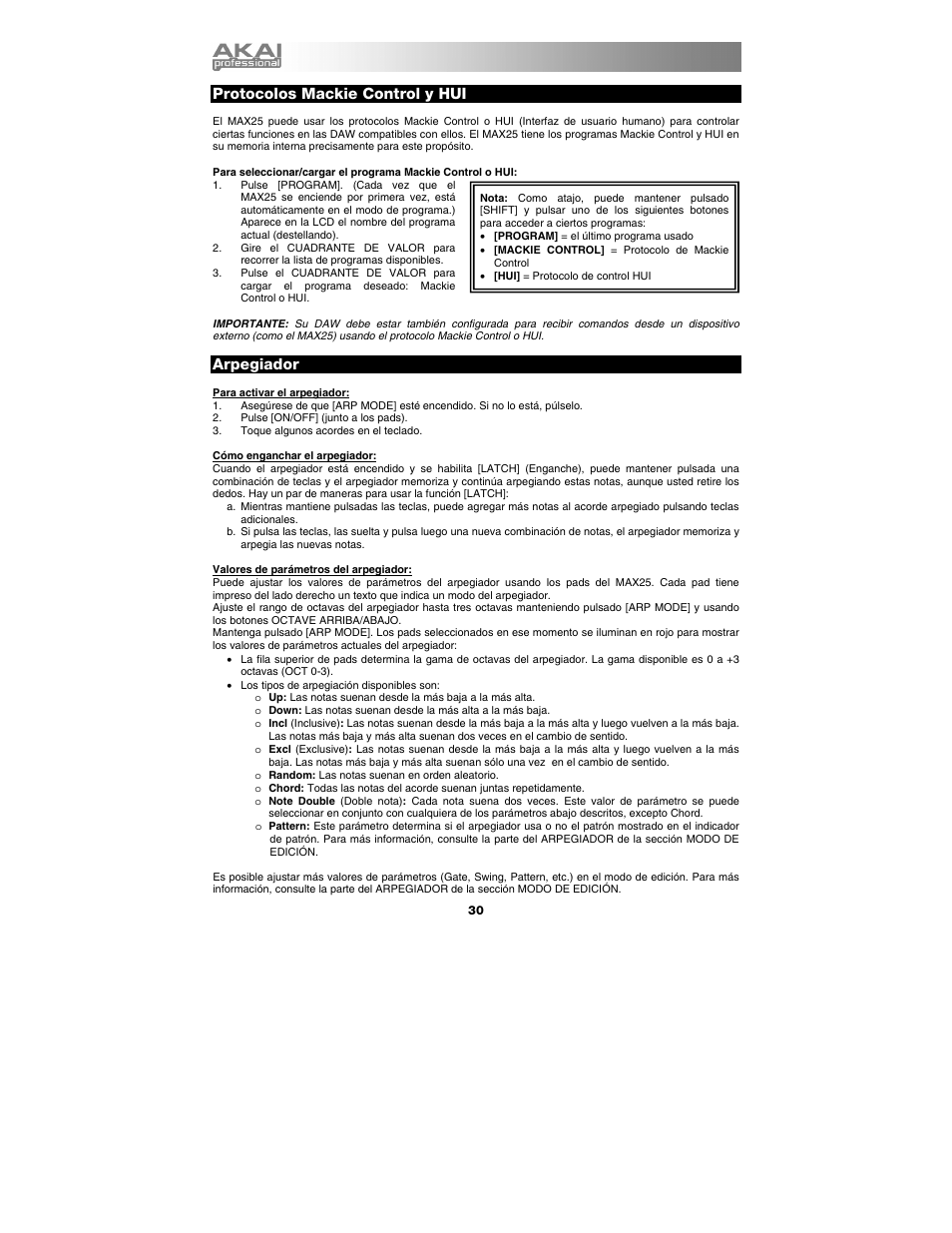 Banco de programas, Protocolos mackie control y hui, Arpegiador | Nes arpegiador y s | Akai max25 User Manual | Page 30 / 88