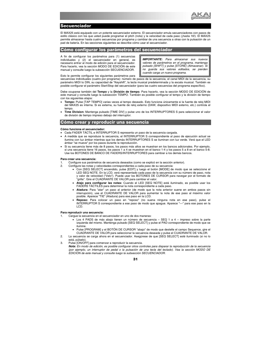 Secuenciador, Cómo configurar los parámetros del secuenciador, Cómo crear y reproducir una secuencia | Ecuenciador | Akai max25 User Manual | Page 31 / 88