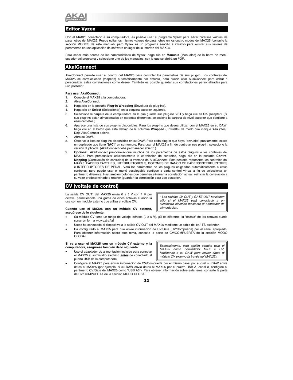 Editor vyzex, Akaiconnect, Cv (voltaje de control) | Akai max25 User Manual | Page 32 / 88