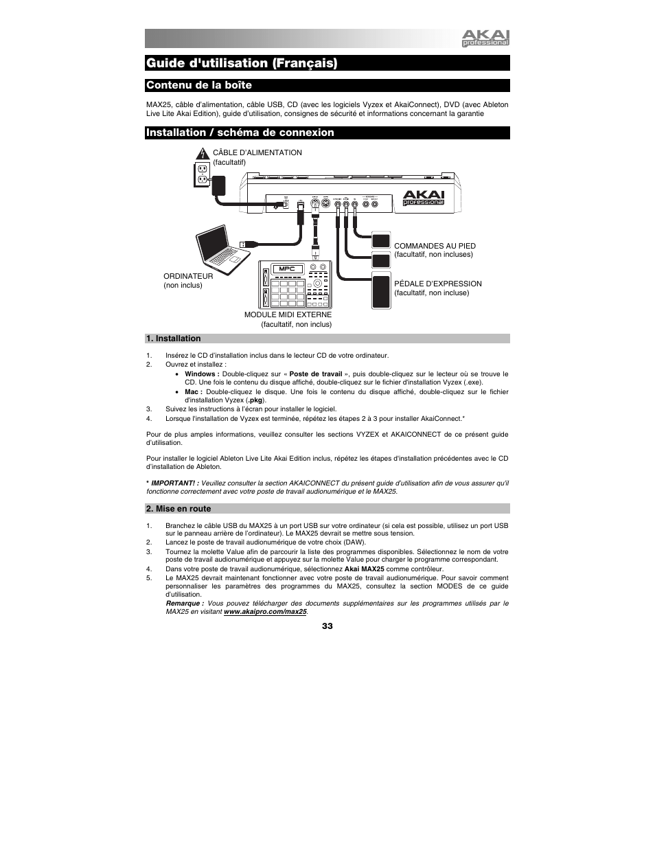 Guide d'utilisation (français), Contenu de la boîte, Installation / schéma de connexion | Guide d'utilisation, Français ( 33 – 47 ) | Akai max25 User Manual | Page 33 / 88