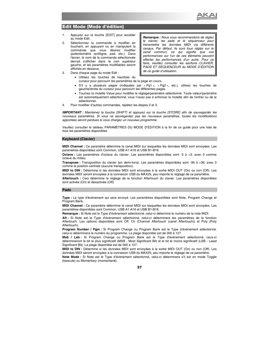 Edit mode (mode d’édition), Keyboard (clavier), Pads | Akai max25 User Manual | Page 37 / 88