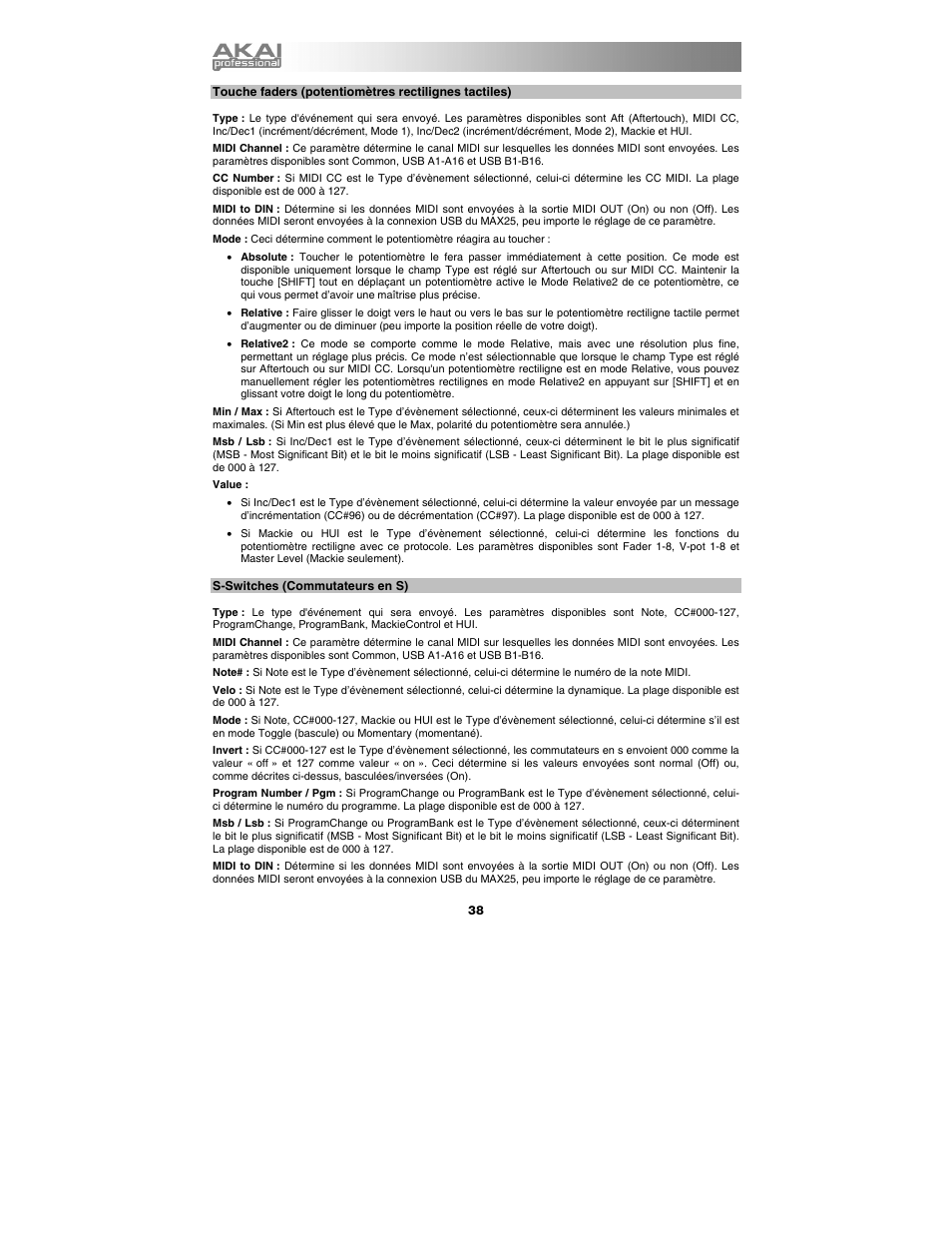 S-switches (commutateurs en s) | Akai max25 User Manual | Page 38 / 88