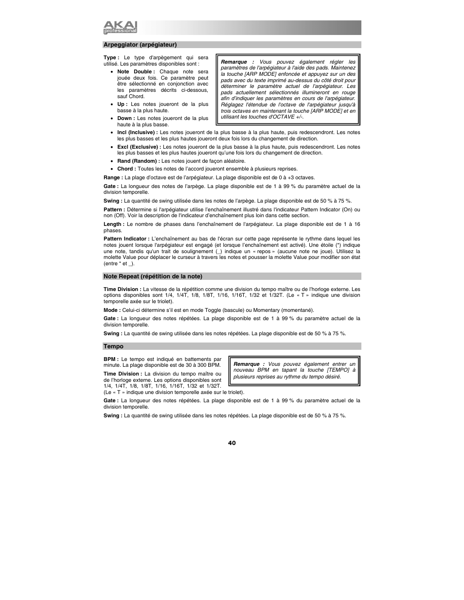Arpeggiator (arpégiateur), Note repeat (répétition de la note), Tempo | Akai max25 User Manual | Page 40 / 88
