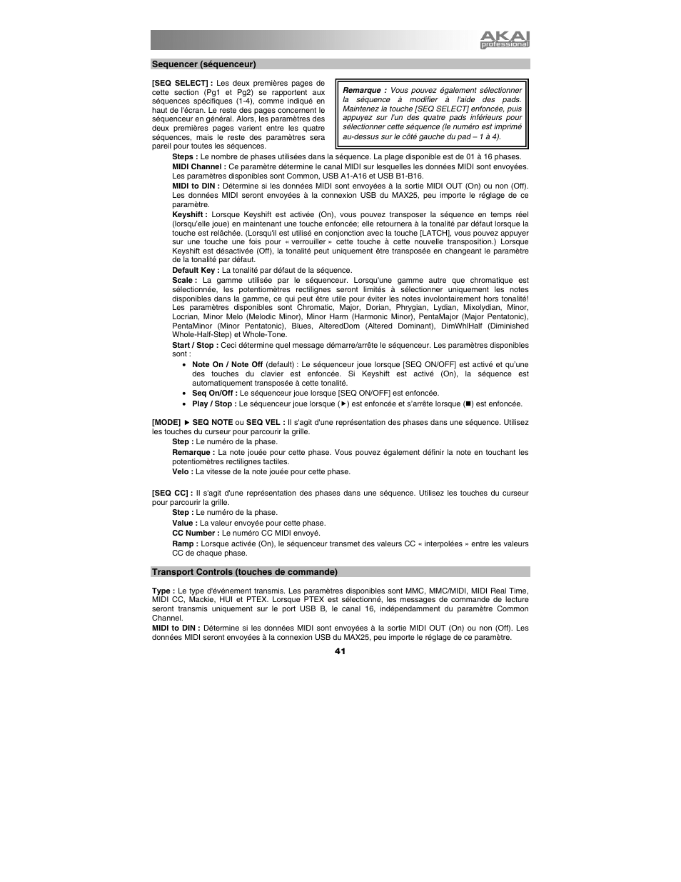 Sequencer (séquenceur), Transport controls (touches de commande) | Akai max25 User Manual | Page 41 / 88