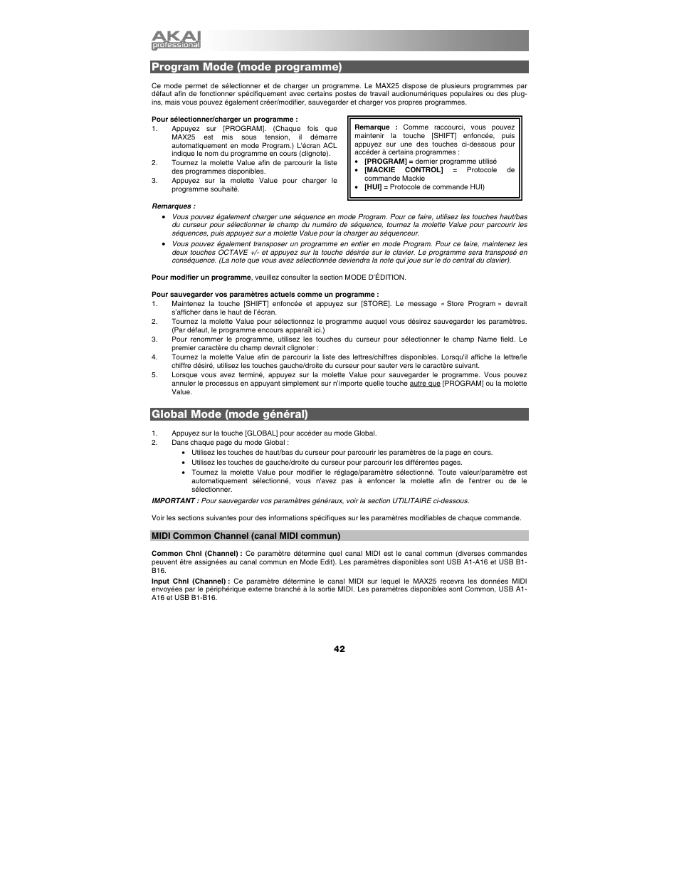 Program mode (mode programme), Global mode (mode général), Midi common channel (canal midi commun) | Akai max25 User Manual | Page 42 / 88