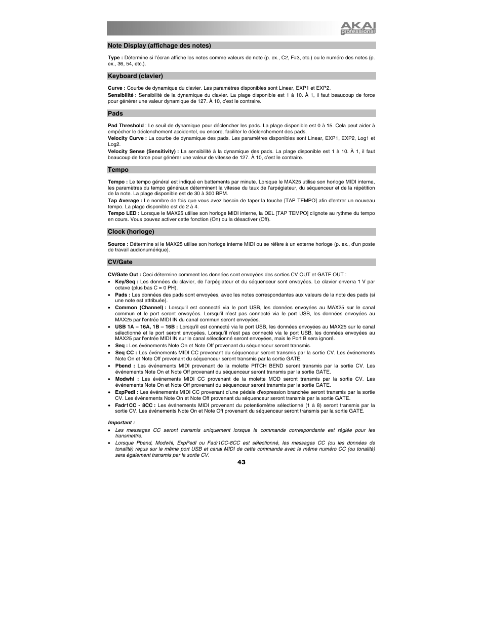 Note display (affichage des notes), Keyboard (clavier), Pads | Tempo, Clock (horloge), Cv/gate | Akai max25 User Manual | Page 43 / 88