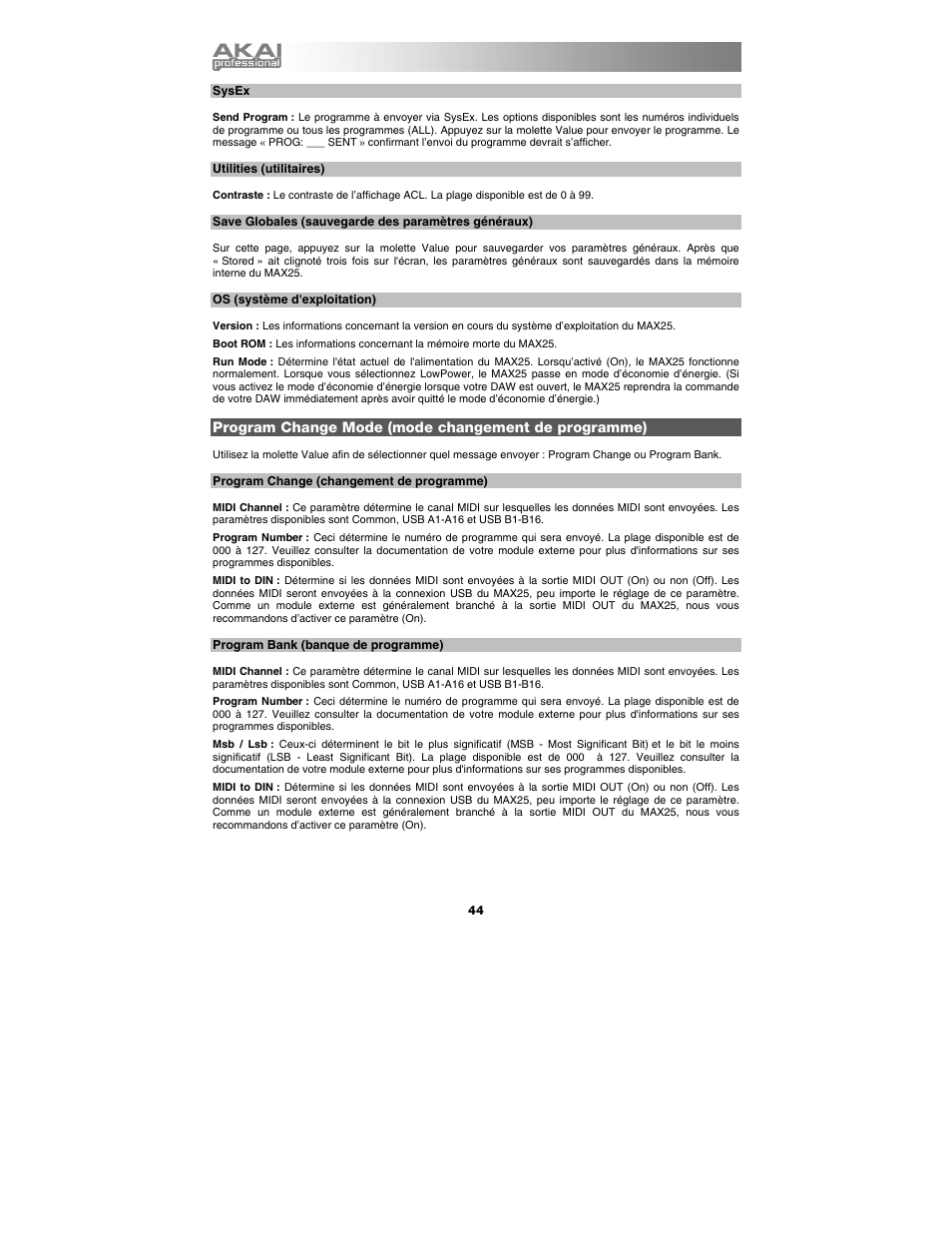 Sysex, Utilities (utilitaires), Save globales (sauvegarde des paramètres généraux) | Os (système d'exploitation), Program change mode (mode changement de programme), Program change (changement de programme), Program bank (banque de programme) | Akai max25 User Manual | Page 44 / 88