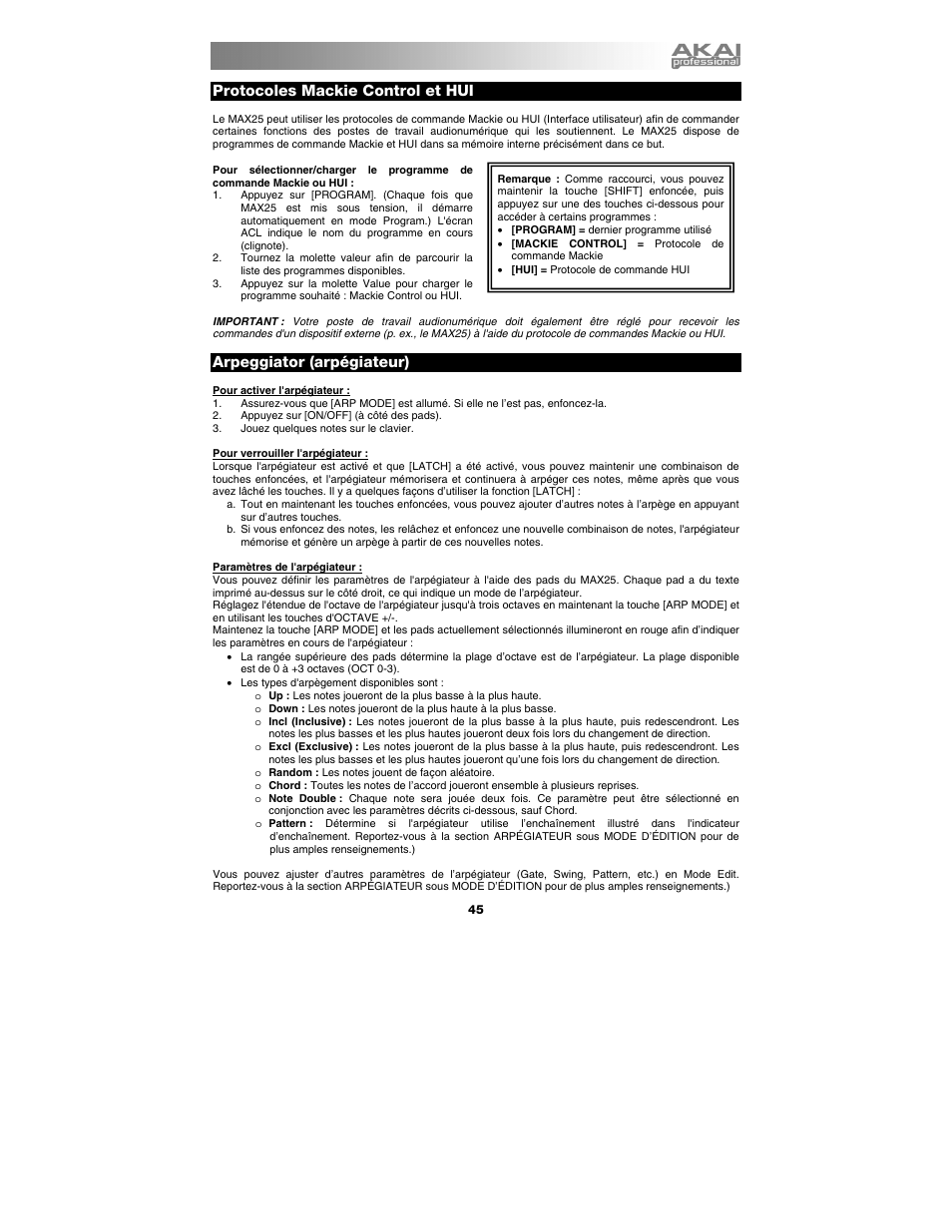 Protocoles mackie control et hui, Arpeggiator (arpégiateur) | Akai max25 User Manual | Page 45 / 88