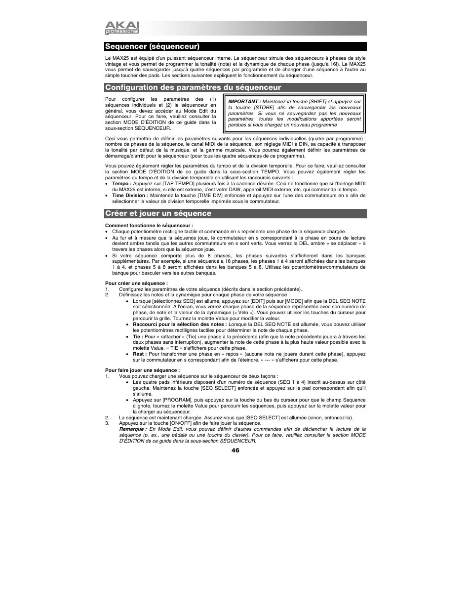 Sequencer (séquenceur), Configuration des paramètres du séquenceur, Créer et jouer un séquence | Akai max25 User Manual | Page 46 / 88