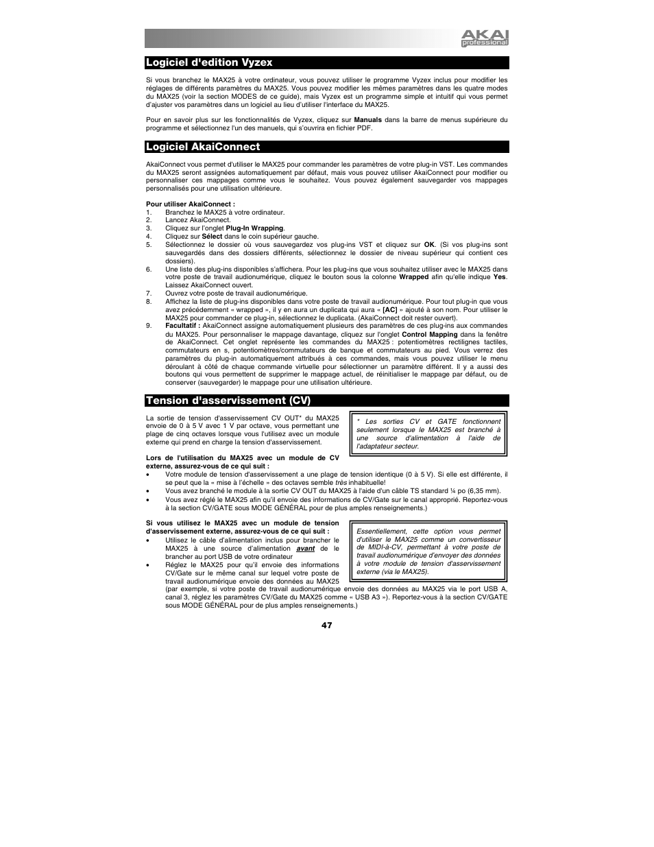 Logiciel d'edition vyzex, Logiciel akaiconnect, Tension d'asservissement (cv) | Ions vyzex, Akaiconnect, Ction akaiconnect du prés | Akai max25 User Manual | Page 47 / 88