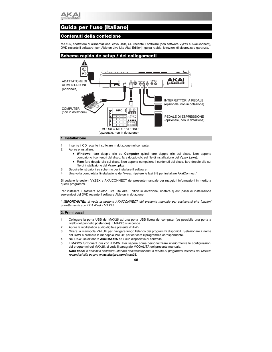 Guida per l'uso (italiano), Contenuti della confezione, Schema rapido de setup / dei collegamenti | Guida per l'uso, Italiano ( 48 – 62 ) | Akai max25 User Manual | Page 48 / 88