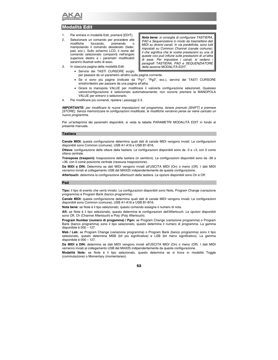 Modalità edit, Tastiera | Akai max25 User Manual | Page 52 / 88
