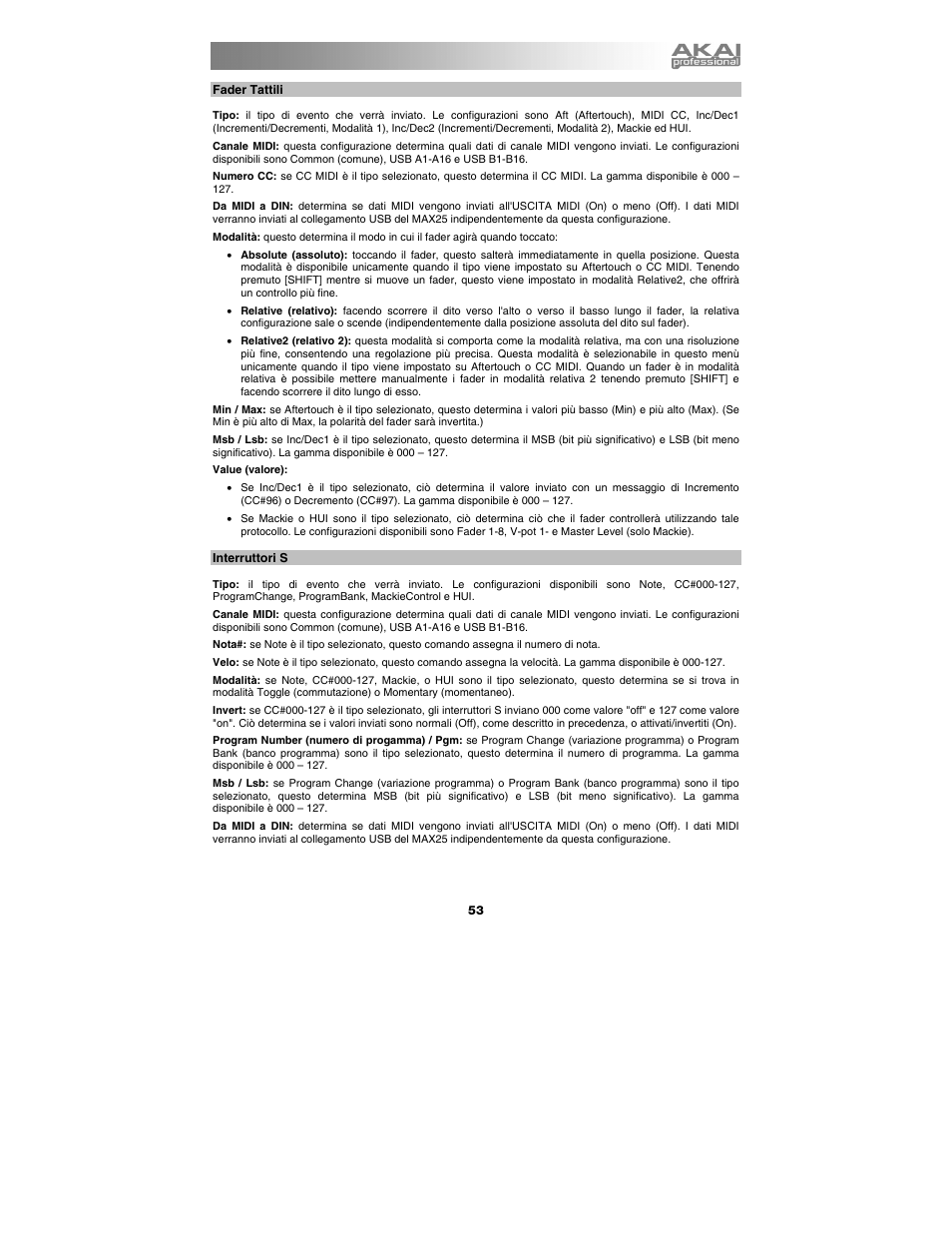 Fader tattili, Interruttori s | Akai max25 User Manual | Page 53 / 88