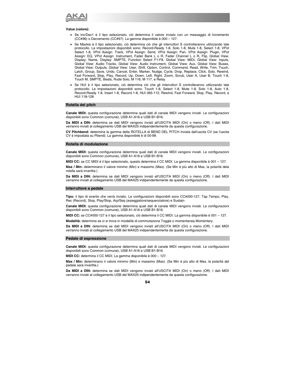 Rotella del pitch, Rotella di modulazione, Interruttore a pedale | Pedale di espressione | Akai max25 User Manual | Page 54 / 88