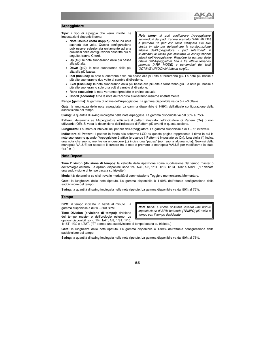 Arpeggiatore, Note repeat, Tempo | Akai max25 User Manual | Page 55 / 88