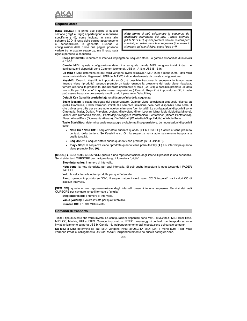 Sequenziatore, Comandi di trasporto | Akai max25 User Manual | Page 56 / 88