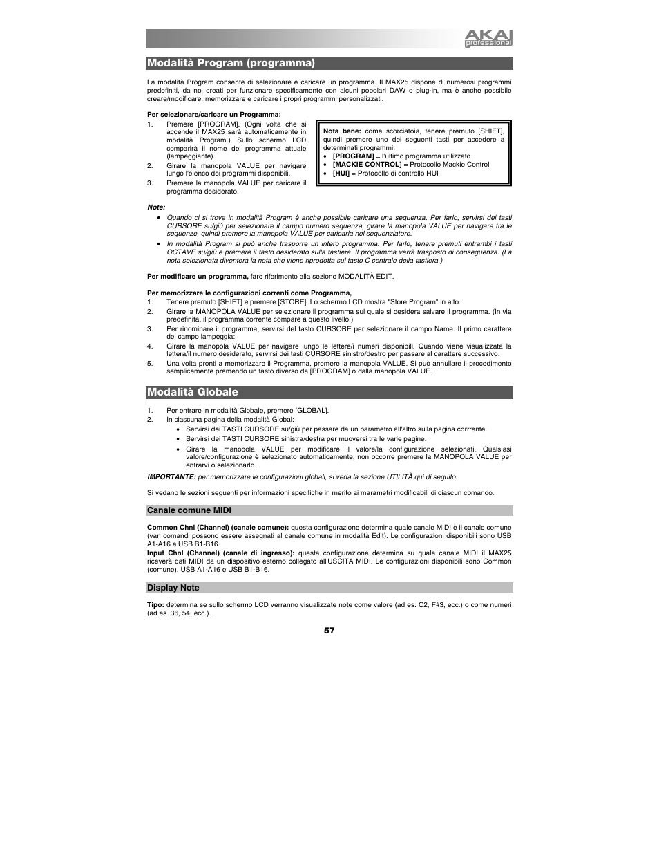 Modalità program (programma), Modalità globale, Canale comune midi | Display note | Akai max25 User Manual | Page 57 / 88