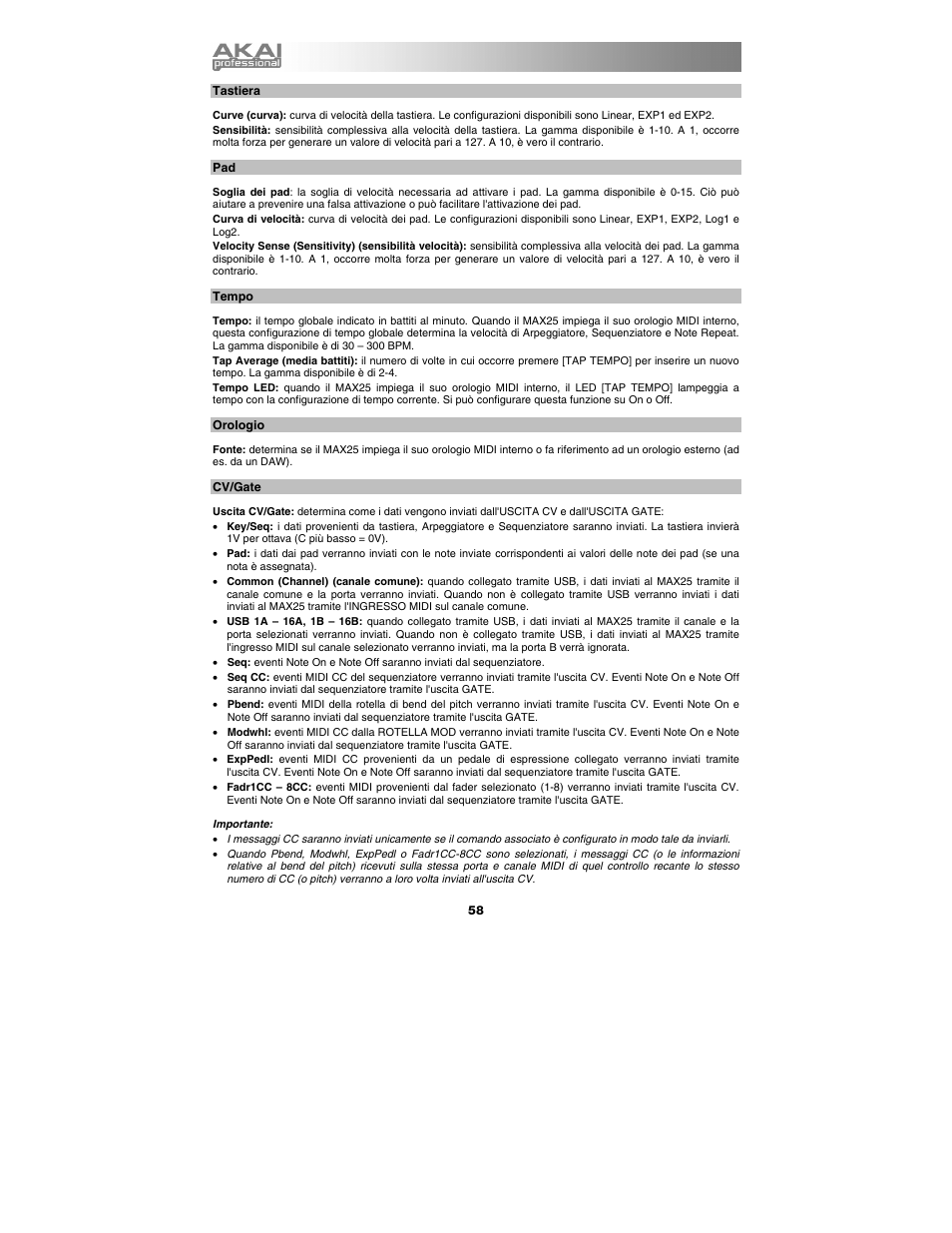 Tastiera, Tempo, Orologio | Cv/gate | Akai max25 User Manual | Page 58 / 88