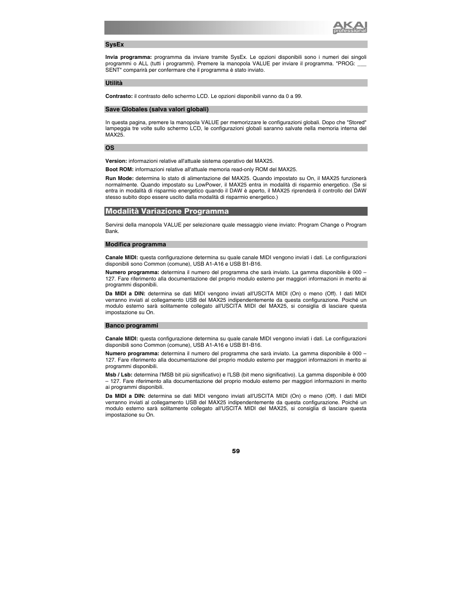 Sysex, Utilità, Save globales (salva valori globali) | Modalità variazione programma, Modifica programma, Banco programmi | Akai max25 User Manual | Page 59 / 88