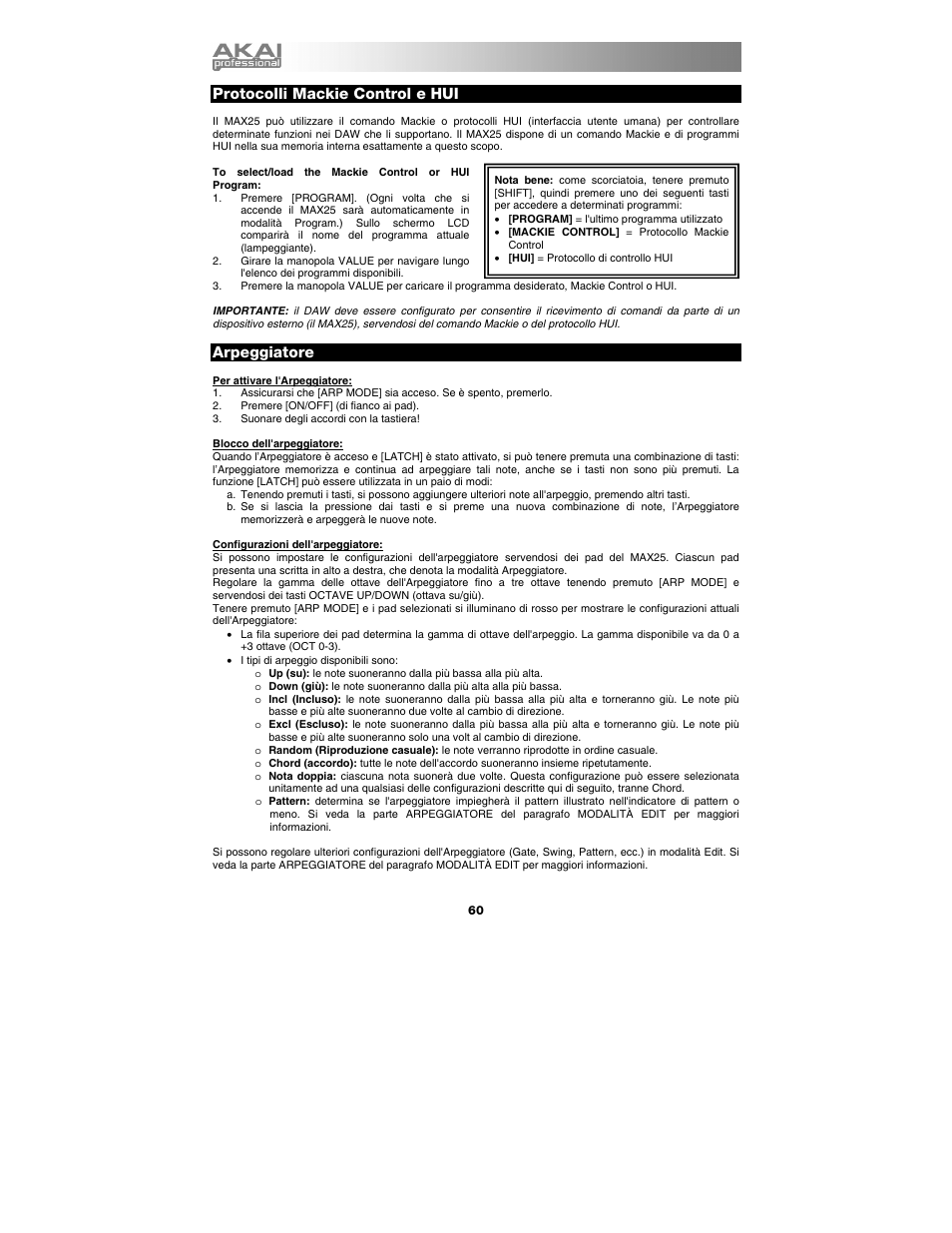 Protocolli mackie control e hui, Arpeggiatore | Akai max25 User Manual | Page 60 / 88