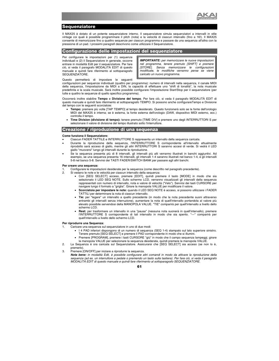 Sequenziatore, Creazione / riproduzione di una sequenza | Akai max25 User Manual | Page 61 / 88