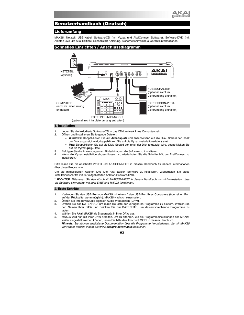 Benutzerhandbuch (deutsch), Lieferumfang, Schnelles einrichten / anschlussdiagramm | Benutzerhandbuch, Deutsch ( 63 – 77 ) | Akai max25 User Manual | Page 63 / 88