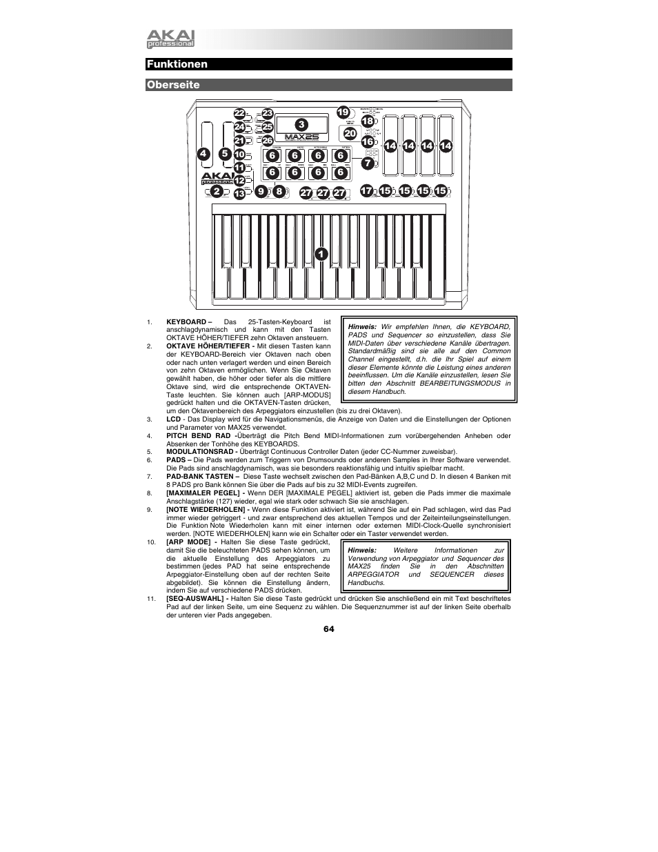 Funktionen, Oberseite | Akai max25 User Manual | Page 64 / 88