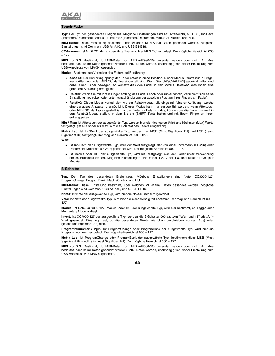 Touch-fader, S-schalter | Akai max25 User Manual | Page 68 / 88