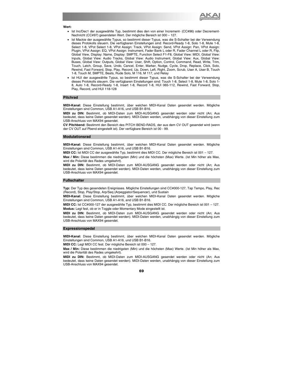 Pitchrad, Modulationsrad, Fußschalter | Expressionspedal | Akai max25 User Manual | Page 69 / 88