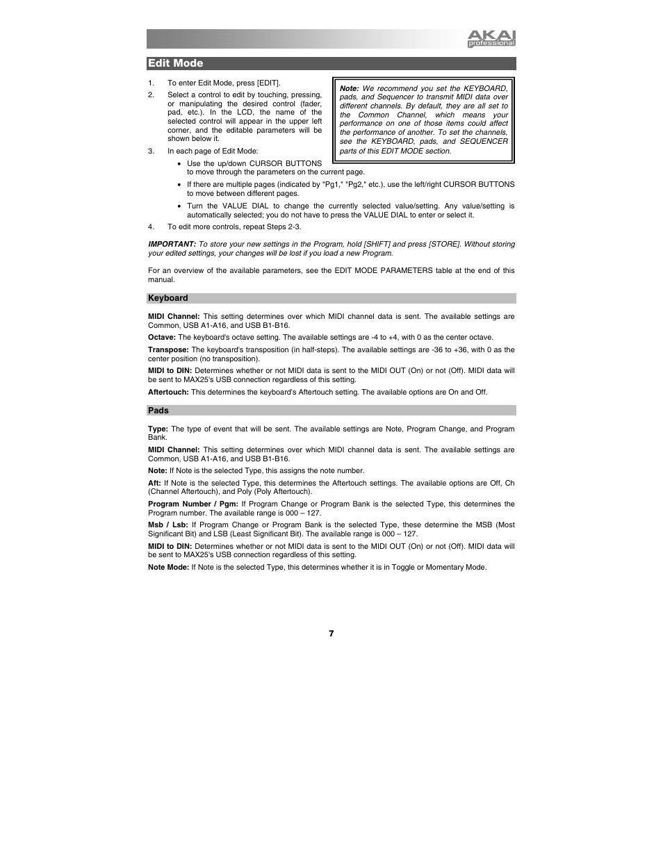 Edit mode, Keyboard, Pads | Akai max25 User Manual | Page 7 / 88