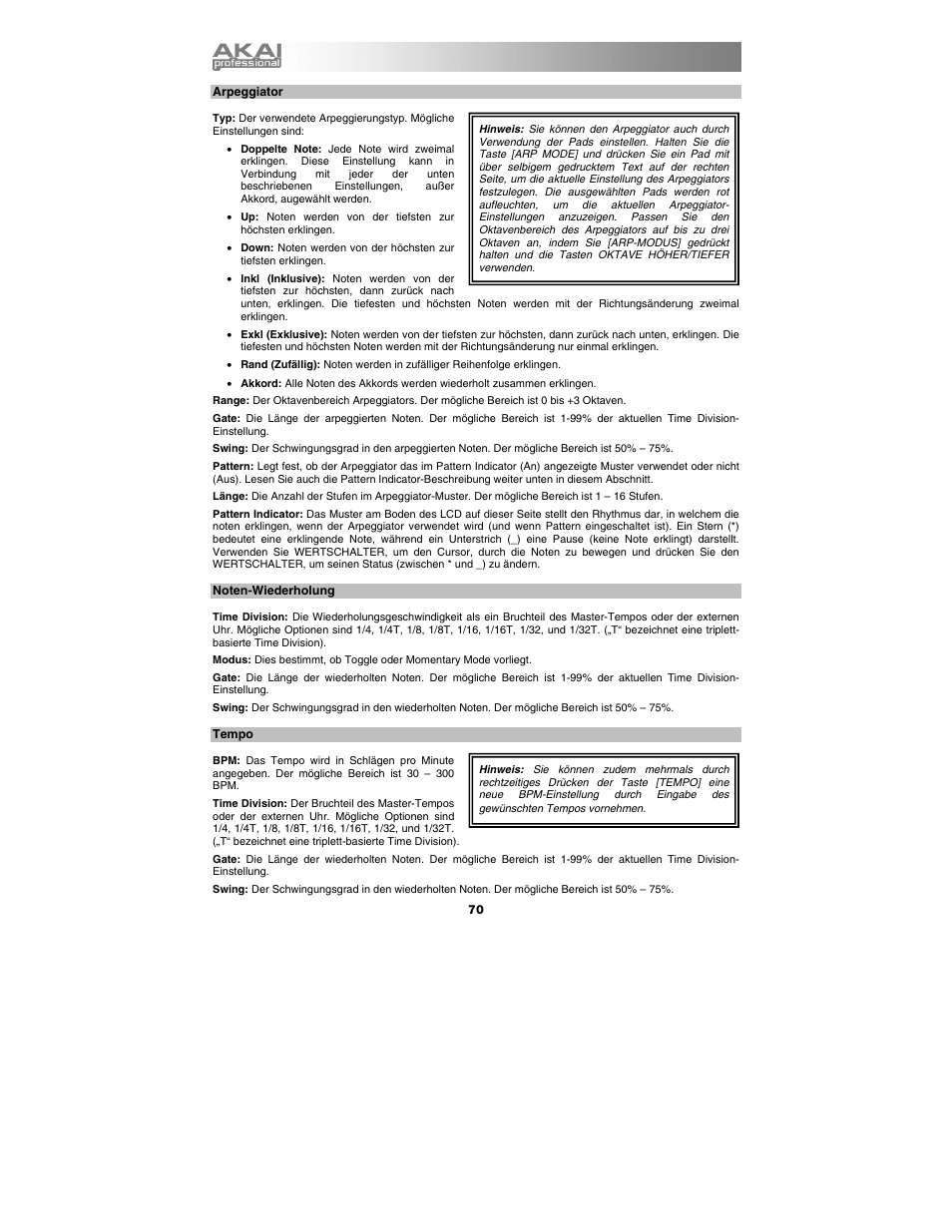 Arpeggiator, Noten-wiederholung, Tempo | Akai max25 User Manual | Page 70 / 88